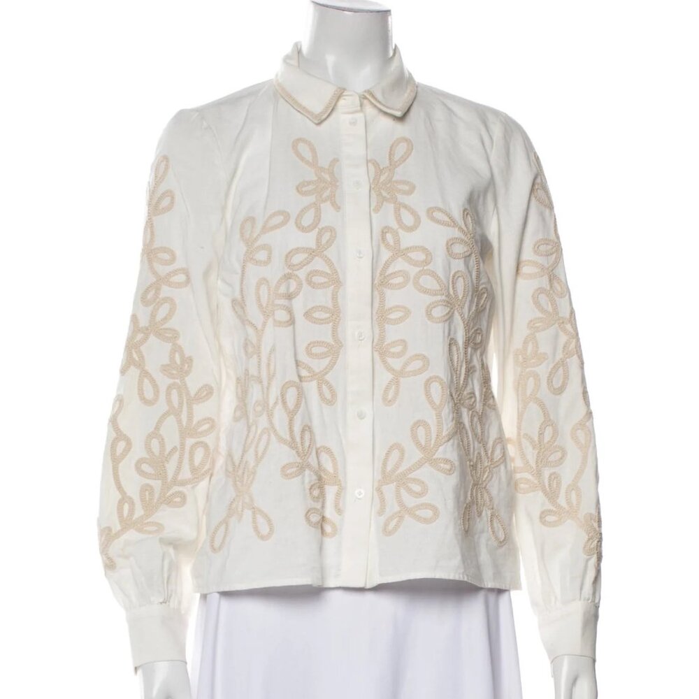 Sezane Embroidered Long Sleeve Button Down Top